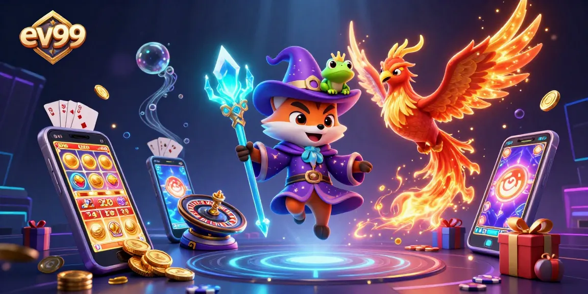 Engage with ev99's vibrant casino world featuring animated slots, colorful lights, and magical creatures.
