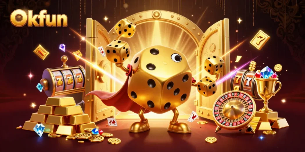 Okfun reveals a vibrant casino scene with a golden dice golem and abundant treasures.