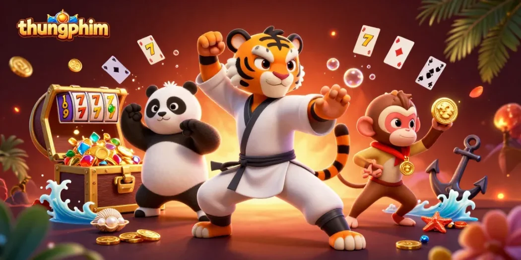 Experience thrilling moments with thungphim as the kung fu tiger and friends engage in exciting casino gameplay.