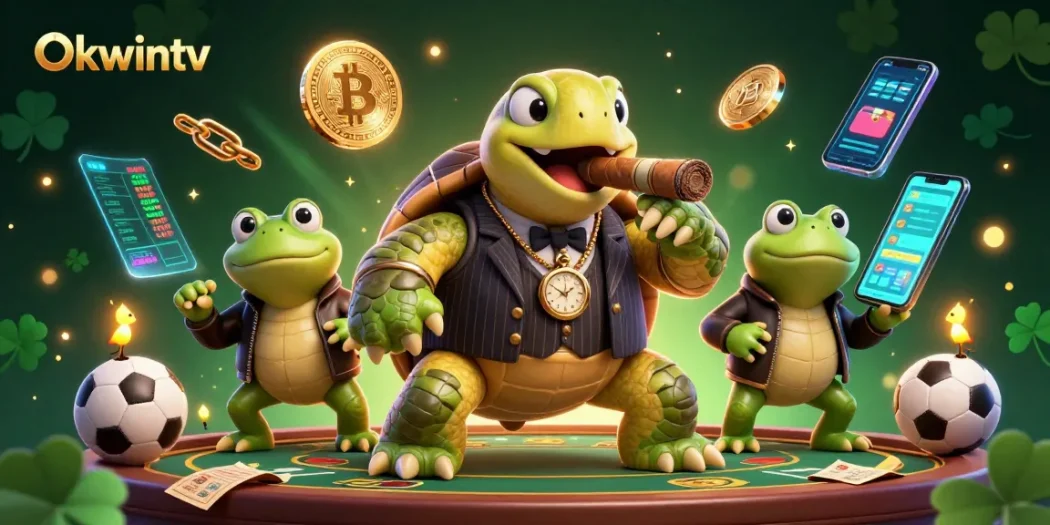 Okwintv sports betting experience featuring a dynamic turtle and bullfrogs in action.