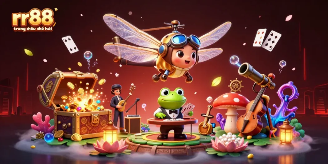 Experience thrilling gaming at rr88 trang chủ chính thức with an enchanting illustration of a dragonfly pilot and frog dealer.
