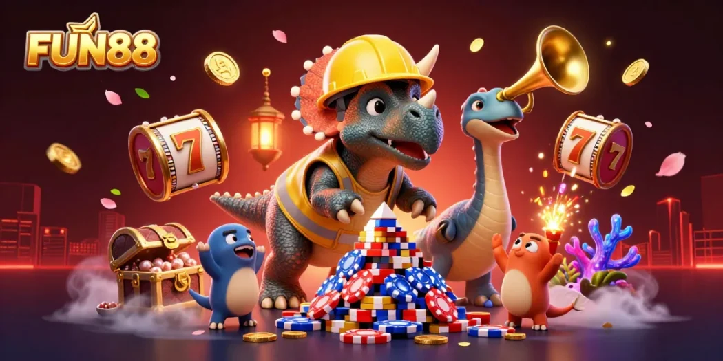 Experience FUN88 with a vibrant celebration of casino gaming, featuring a triceratops building chip towers.