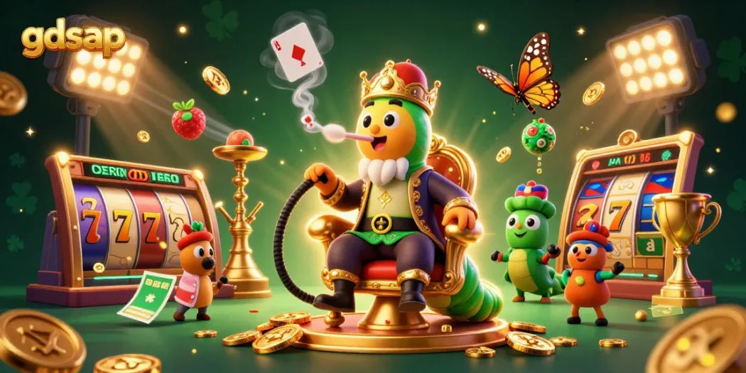Experience thrilling gaming with gdsap's vibrant casino scene featuring slot reels and poker symbols.
