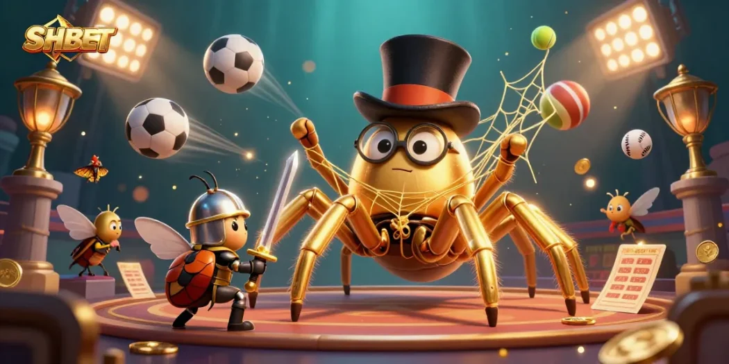 SHBET showcases an exciting casino scene with a golden tarantula and beetle knight amidst vibrant gaming elements.