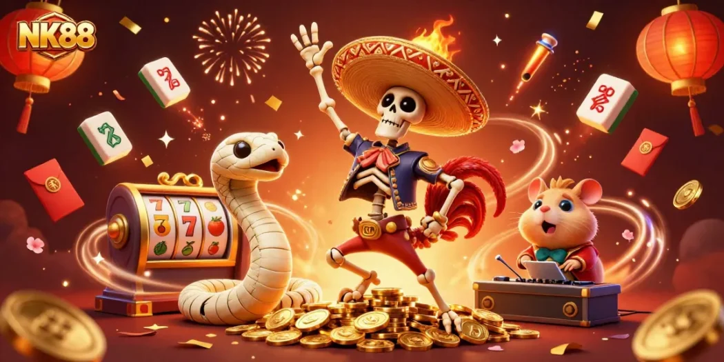 NK88 features a vibrant 3D casino scene with characters celebrating amidst slot reels and festive elements.