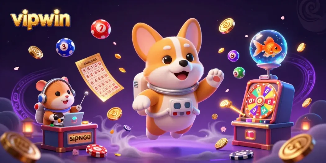 Experience thrilling wins at vipwin with a colorful casino atmosphere featuring a 3D corgi astronaut.