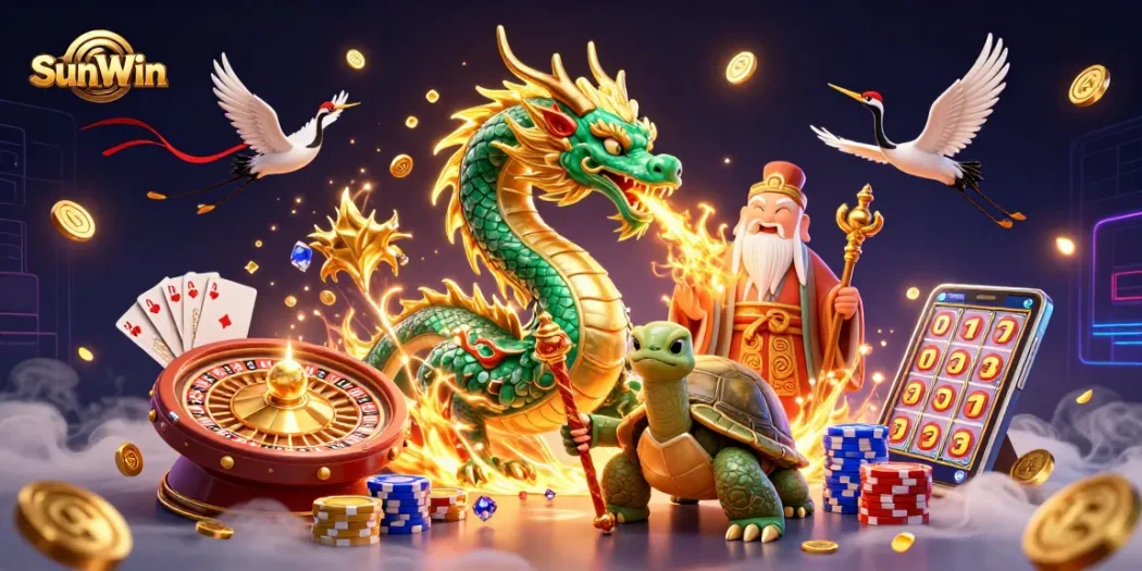 Experience the thrill of SunWin as a jade dragon breathes fire, surrounded by casino riches.