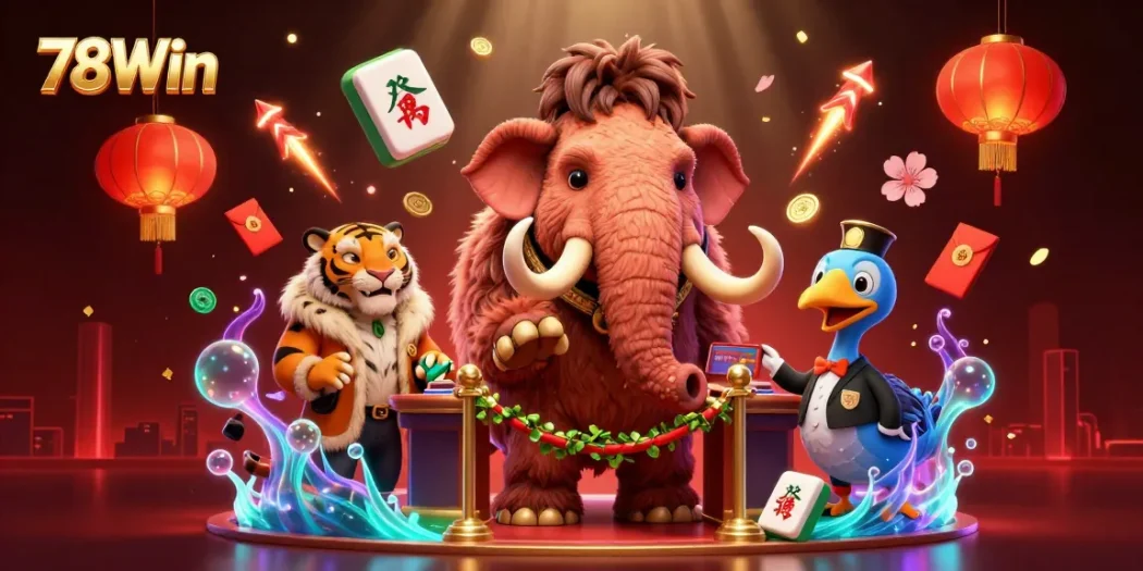 Experience exclusive gaming at 78Win featuring a vibrant trio of characters in a lively casino scene.