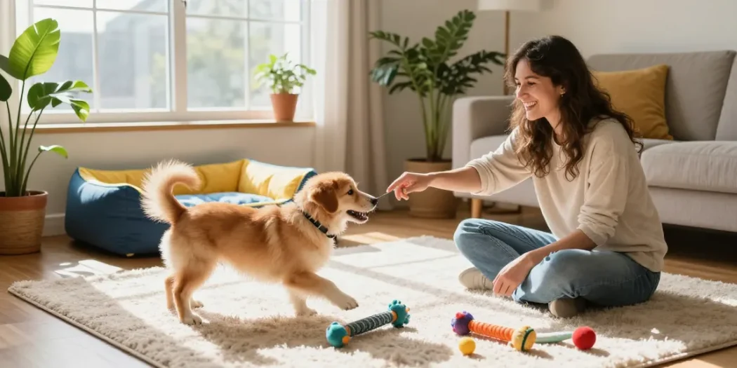 Rokok88 pet care lifestyle scene with owner and dog bonding in a cozy home.