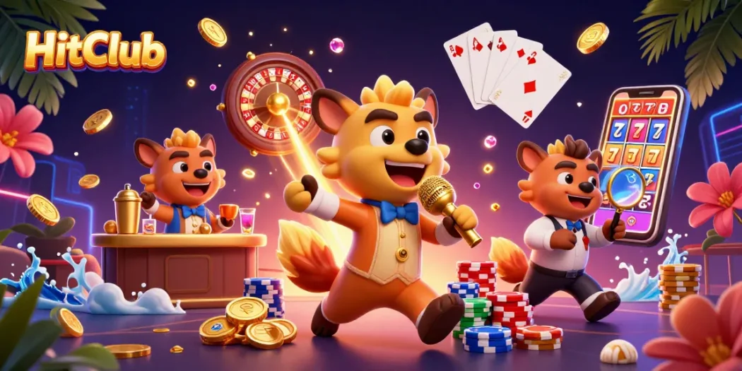 HitClub hyena-themed casino scene with stand-up comedy, bartending, and bouncer checking IDs.